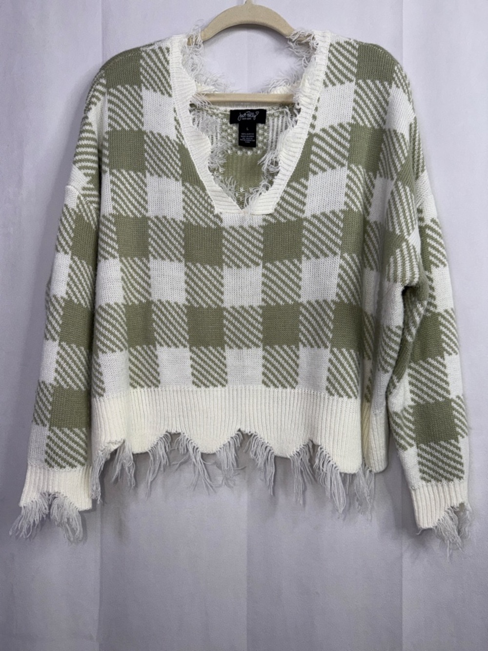 Just Polly Sweater Buffalo Check Cream Olive Distressed Cropped V‑Neck Knit